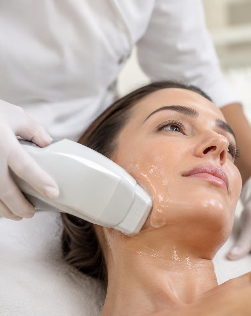 A clinician applying an ultrasound lifting handpiece with gel to a client's jawline
