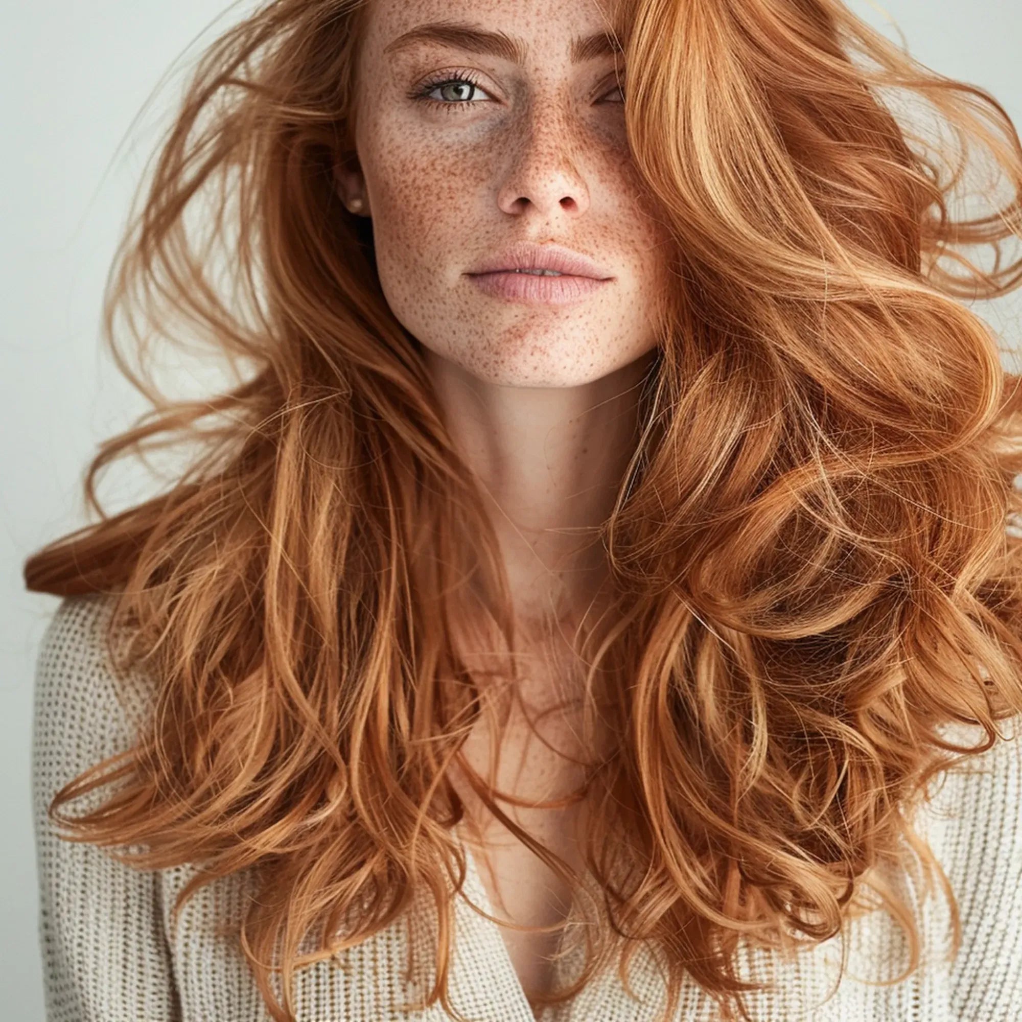 Woman with long, copper-toned wavy hair and freckles wearing a cream-colored textured top.