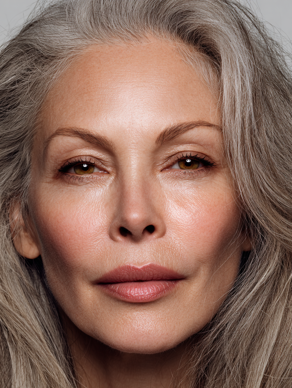 Close-up of woman's face with gray hair, showing skin texture and facial features against neutral background.