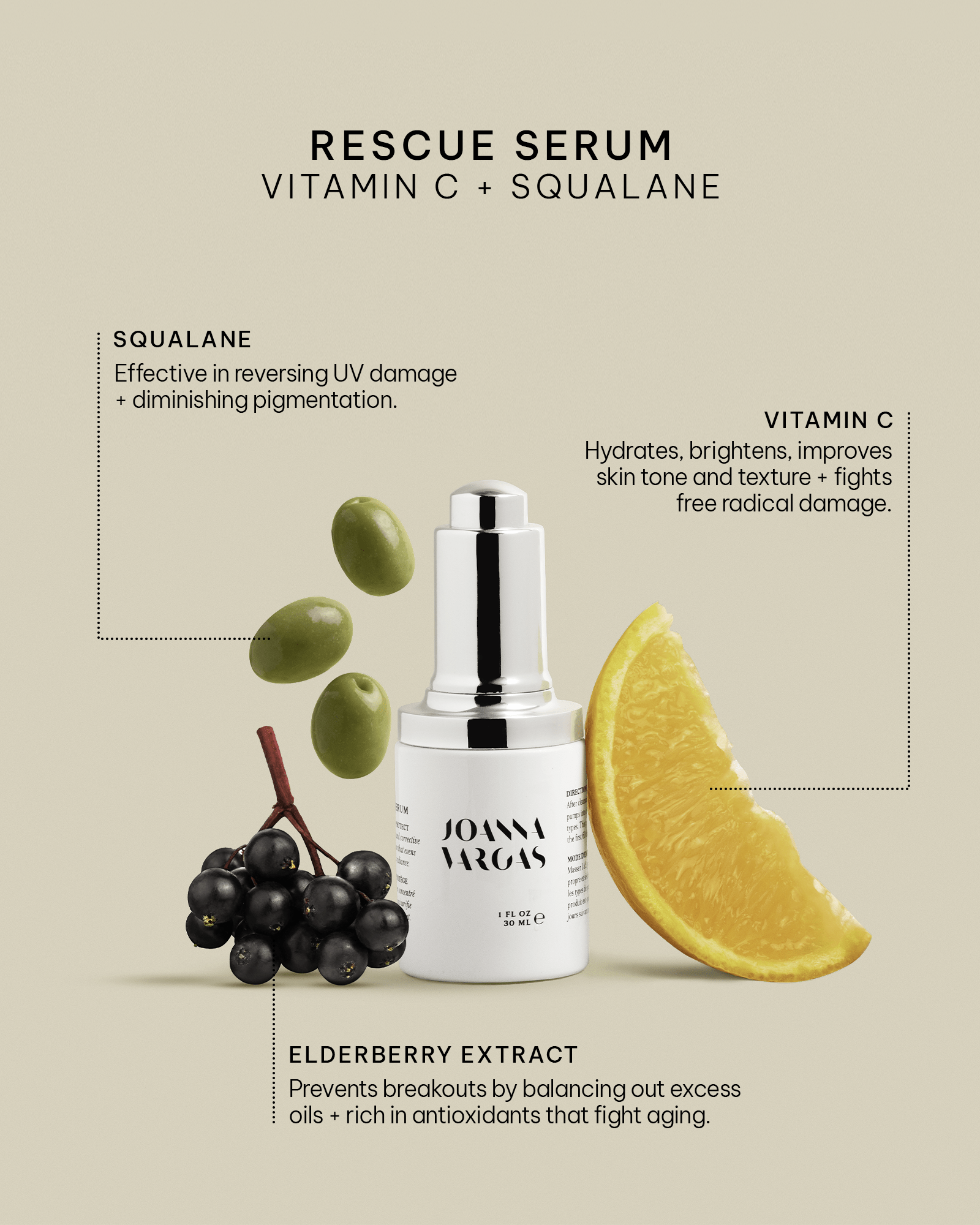 Rescue Vitamin C + Squalane Serum - Hydrating, Brightening, Anti - Aging - 1 FL OZ / 30ML - Joanna Vargas - Joanna Vargas